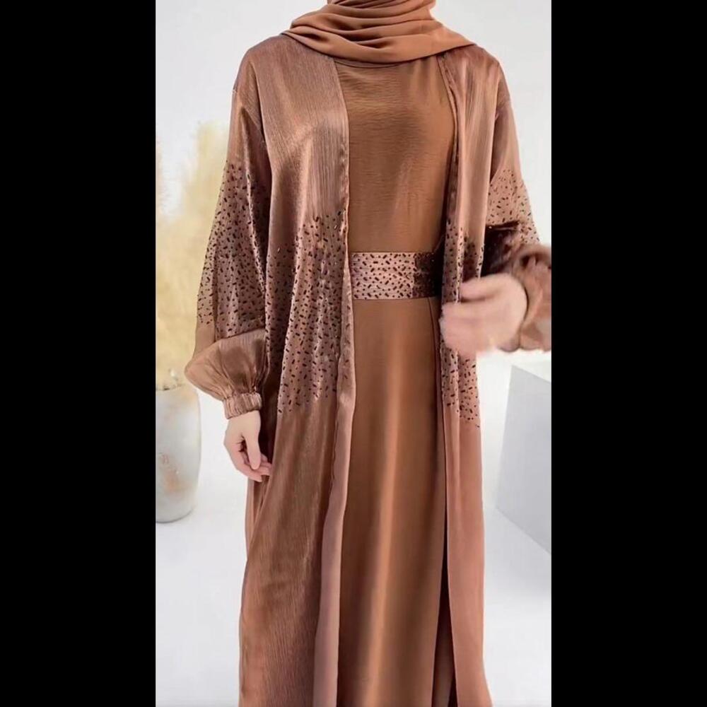 Party Open Abaya Puffy Sleeve Beaded Cardigan Gowns Islamic Clothing Ramadan